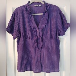 CATO Women’s Purple W/ Metallic Stripes, Ruffle Short Sleeve, Button-down Top XL